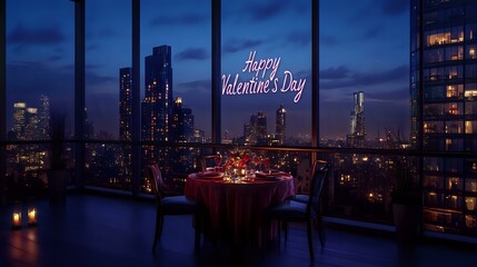 Valentine's dinner on a private balcony, overlooking the city skyline, with a sparkling Happy Valentine's Day written across the distant horizon