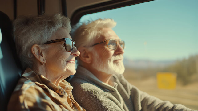 Starsza para, kt&oacute;ra z uśmiechem i ekscytacją podziwia widoki przez okno turystycznego autobusu, ciesząc się wsp&oacute;lną podr&oacute;żą.