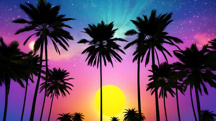 3d illustration silhouette of palm trees on a colorful, star filled sky background with the sun