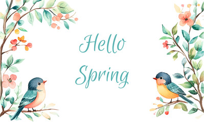 Hello spring. Watercolor banner with cute birds sitting on tree branches with leaves and flowers. Concept of spring, awakening of nature. Watercolor spring composition.