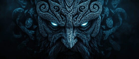 The image features a mystical face adorned with intricate patterns, glowing eyes, and a dark, atmospheric background, evoking themes of fantasy and mythology.