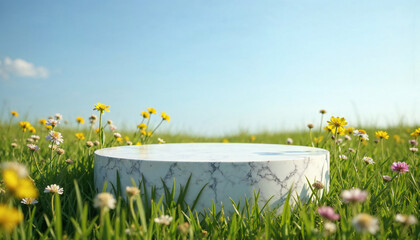 round stand podium and daisies in the grass and empty product show case base 