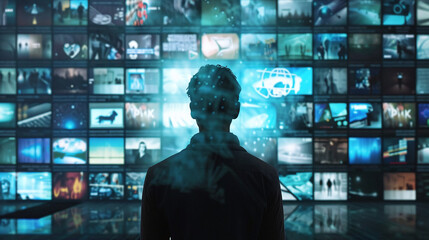 A Person Stands in a Dark Room Surrounded by Multiple Screens Displaying Vivid Visuals and Abstract Images, Immersed in Technology During a Creative Brainstorming Session