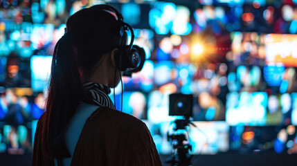 A Person Experiences Virtual Reality While Surrounded by a Vibrant Display of Numerous Digital Screens Showcasing Diverse Content During an Immersive Technology Event