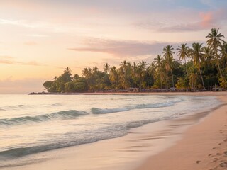 Experience tranquility as waves gently embrace the soft sandy shores at sunset