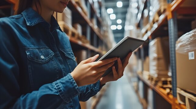 A warehouse team utilizing tablets for digital inventory management and high tech logistics to improve efficiency data analytics and supply chain in a modern storage and distribution facility