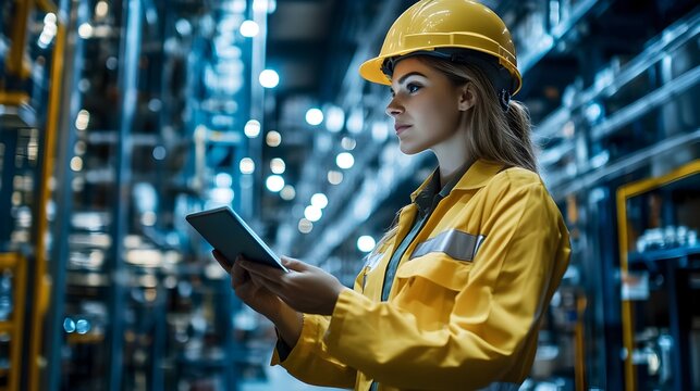 Warehouse Team Using Tablets for Digital Inventory Management and High Tech Logistics Efficient and Automated Processes in a Modern Industrial Facility - Powered by Adobe