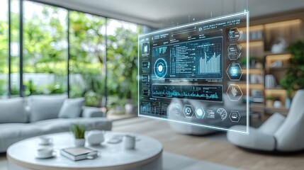 Obraz premium A futuristic living room interior with a large holographic display showing a smart home control interface.