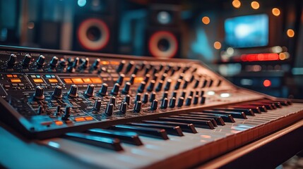Close-up of a synthesizer with keys and knobs in a studio setting.