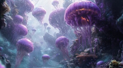 Obraz premium A surreal underwater scene with glowing purple jellyfish floating in a bioluminescent coral reef.