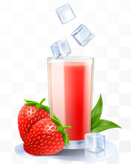 A glass of fresh strawberry juice or smoothie with ice cubes. Cup of cocktail or yogurt with ripe sweet strawberry, isolated on transparent background. Realistic 3d vector illustration