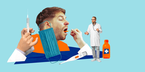 Doctor examining male patient, checking throat and temperature, making injection with proper meds. Contemporary art collage. Concept of medicine, health care, medical treatment