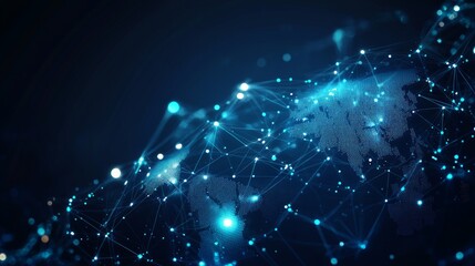 Obraz premium Abstract world map with glowing lines and points representing global network connectivity.