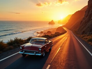 A classic car cruises along the scenic coastal highway at sunset