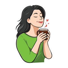 A minimalist clip art of a cheerful young woman holding a steaming cup of coffee or tea, smiling and relaxed, enjoying a peaceful break on a plain white background. girl drinking latte or cappuccino.