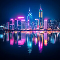 Fototapeta premium City skyline at night, illuminated by artificial neon lights, vibrant reflections, dramatic mood