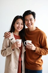 Couple enjoys warm beverages together in a cozy setting