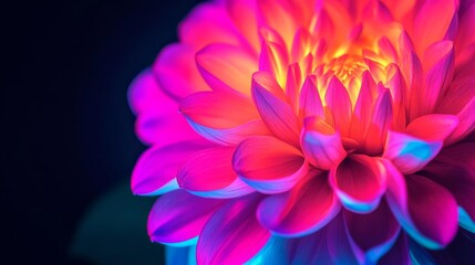 Close-up of a flower under artificial UV light, glowing petals, dramatic focus, dark background