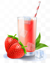 A glass of fresh strawberry juice or smoothie with ice cubes. Cup of cocktail or yogurt with ripe sweet strawberry, isolated on transparent background. Realistic 3d vector illustration