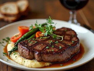 Savor the juicy flavor of grilled ribeye steak with fresh vegetables and fine red wine