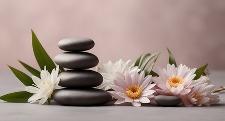 Spa concept with zen basalt stones with flowers