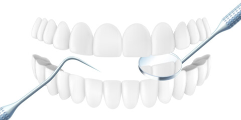 Teeth with dental scaler and stainless steel mouth mirror isolated on white background. Dental professional tools for treating human teeth and oral cavity. Realistic 3d vector illustration.