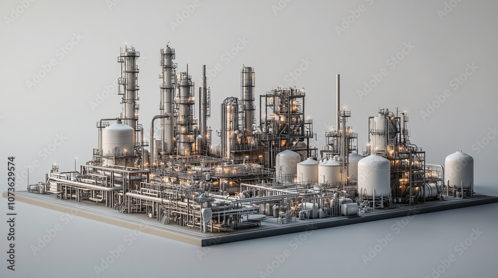 Poster a 3d rendering of a large industrial complex with numerous pipes, tanks, and towers.