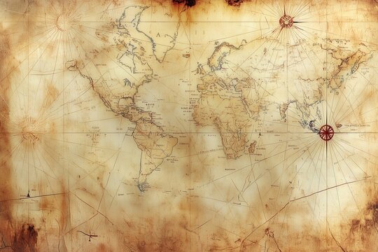 A beautifully aged world map with vintage nautical style, featuring faded continents, maritime lines, and compass roses, evoking an antique, historic feel