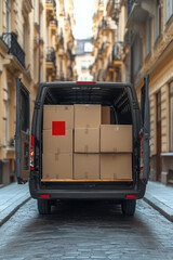 A delivery van stands in a narrow cobblestone street, filled with cardboard boxes ready for unloading in a bustling city environment