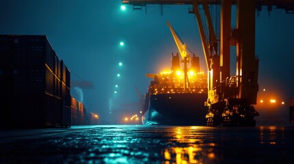 A cargo ship illuminated by port lights in a foggy night setting.