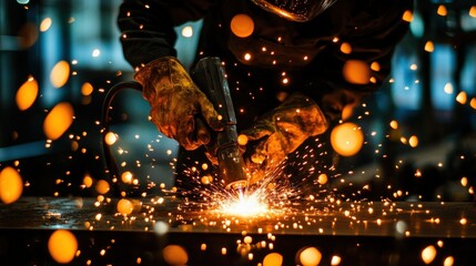A close-up of a welder working with sparks flying in a dark workshop environment.
