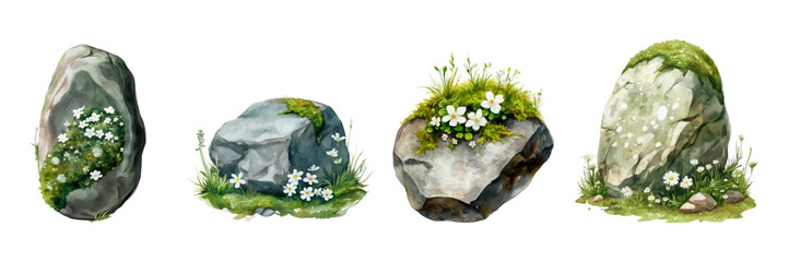 A set of watercolor forest paintings of stones covered with green moss with flowers png. Forest gray watercolor stones on a transparent background. © Narin
