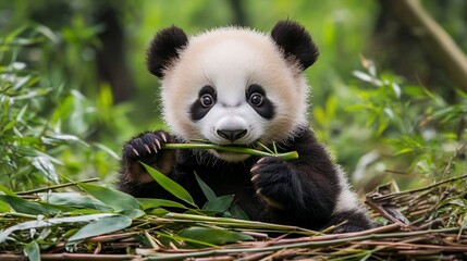 Obraz premium A cute baby panda sits among green bamboo stalks and looks directly at the camera with a piece of bamboo in its mouth.