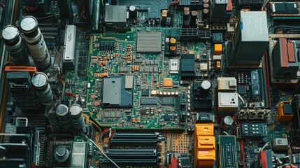 Close-up of a colorful electronic circuit board with various components and details.