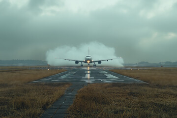 Fototapeta premium An airplane lands gracefully at sunset in the mountains