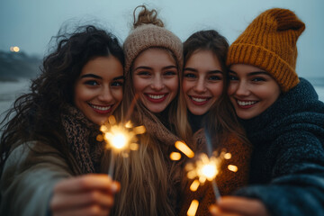 A joyful winter evening by the beach with friends celebrating together