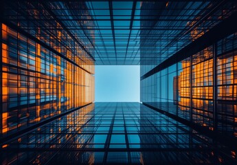 Modern Skyscrapers with Glass Facades, Viewed from Below, Featuring Sunlight Rays Conveying Growth, Luxury Real Estate, Business Transformation, and Technological Innovation Against a Clear Blue Sky.