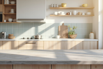 Blank wooden counter table in soft sunlight