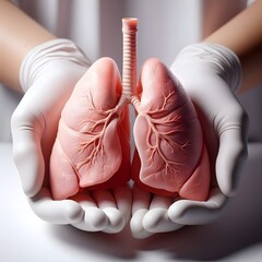 Human hands holding lung organ symbol. Awareness of lung cancer, pneumonia, asthma, COPD, pulmonary hypertension, world no tobacco day and eco air pollution. Respiratory and chest concept.
