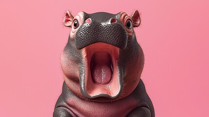 3D Rendered Tiny Surprised Hippo with Wide Open Mouth on Minimalistic Colored Background