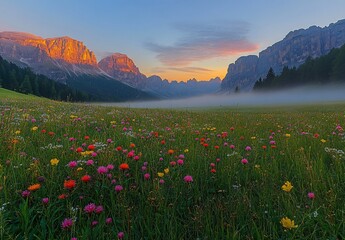 Fototapeta premium Sunrise Over Dolomites Meadow with Flowers