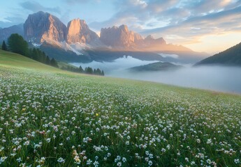 Dolomites Sunrise: Foggy Meadow with Wildflowers