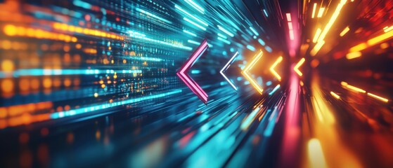 Fototapeta premium Abstract digital art depicting vibrant light trails and directional arrows.