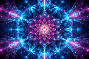 Neon fractal design. Intricate patterns of light in electric blue and pink. Depth and motion captured in abstract forms. Horizontal template color gradient, rough retro vibe shine bright light 