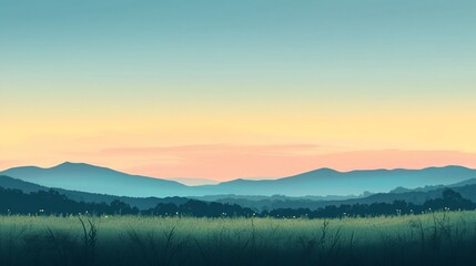 Fototapeta premium A picturesque landscape with rolling hills and a field of grass in the foreground, bathed in the soft glow of a pastel sunrise.