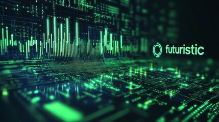 Fototapeta premium Futuristic digital background with glowing green lines and data.