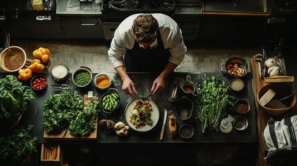 A chef prepares a plate of food in a kitchen.  He is surrounded by fresh ingredients.