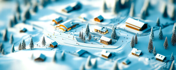 A picturesque winter landscape featuring a charming village covered in snow, surrounded by tall trees. The scene captures the beauty and tranquility of a snowy day.