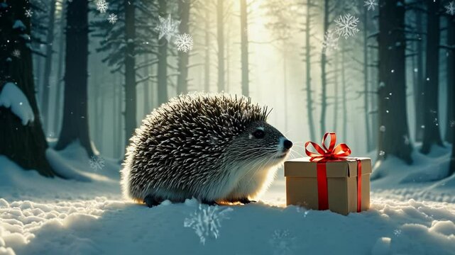 A cute hedgehog with spines in a snowy forest scene, sitting beside a red gift box, symbolizing winter wonder. The image creates a calm, serene holiday vibe.