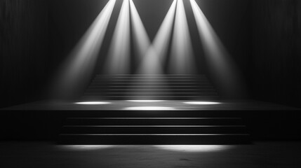 Minimalistic low-poly 3D render of an empty stage with symmetrical lines, light beams, black background, and white lighting, featuring shadows and sleek design for a modern, futuristic look.